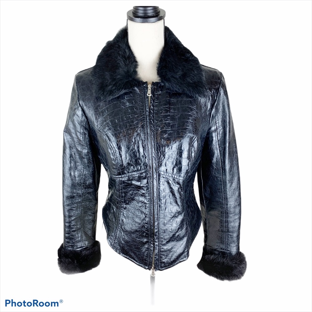 Please Brand Crocodile Embossed Leather Jacket Fur